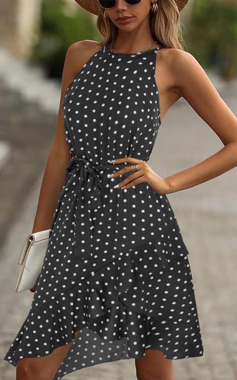 ECOWISH Polka Dot Women Summer Dress Midi A Line Ruffle High Low Sleeveless Boho Floral Halterneck Cocktail Tie Knot Sundress Black Small - Image 3
